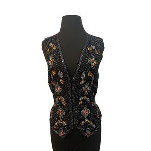 Vintage 90s Silk Other Destination Sequin, Rhinestone  Black Beaded Vest, Small